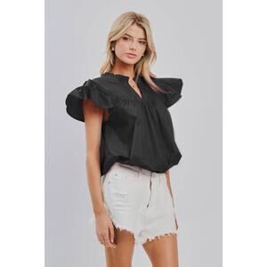 Oddi Amelia‎ Short Sleeve Flutter Poplin Blouse Black 3x New Ruffle Collar